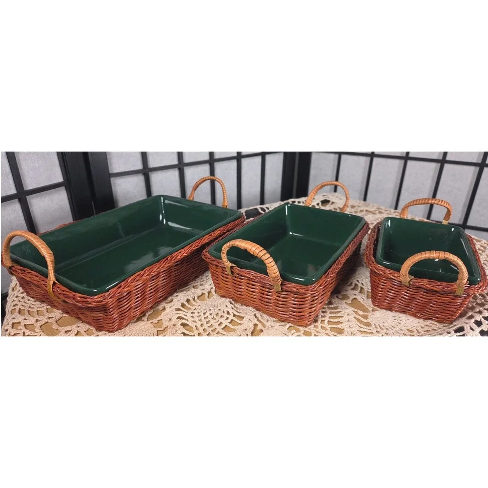 Vintage Green Ceramic Baking Dish Set with Wicker Baskets 3 Pieces Rectangular